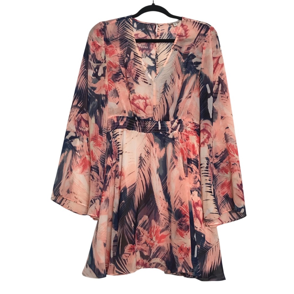 Guess Floral Semi Sheer Flare Sleeve Babydoll Dress Womens Size M Boho Fairy